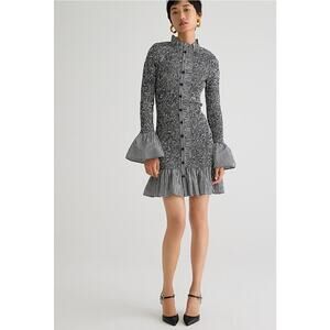 J Crew Black White Smocked Gingham Mini dress Ruffle Sleeves Small NEW